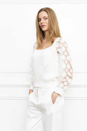 Square Neck Floral Lace Sleeve Sweater