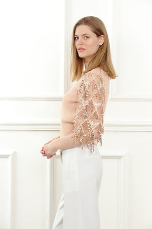 Mock Neck Sheer Sequins Sleeve Sweater