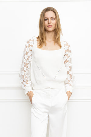 Square Neck Floral Lace Sleeve Sweater