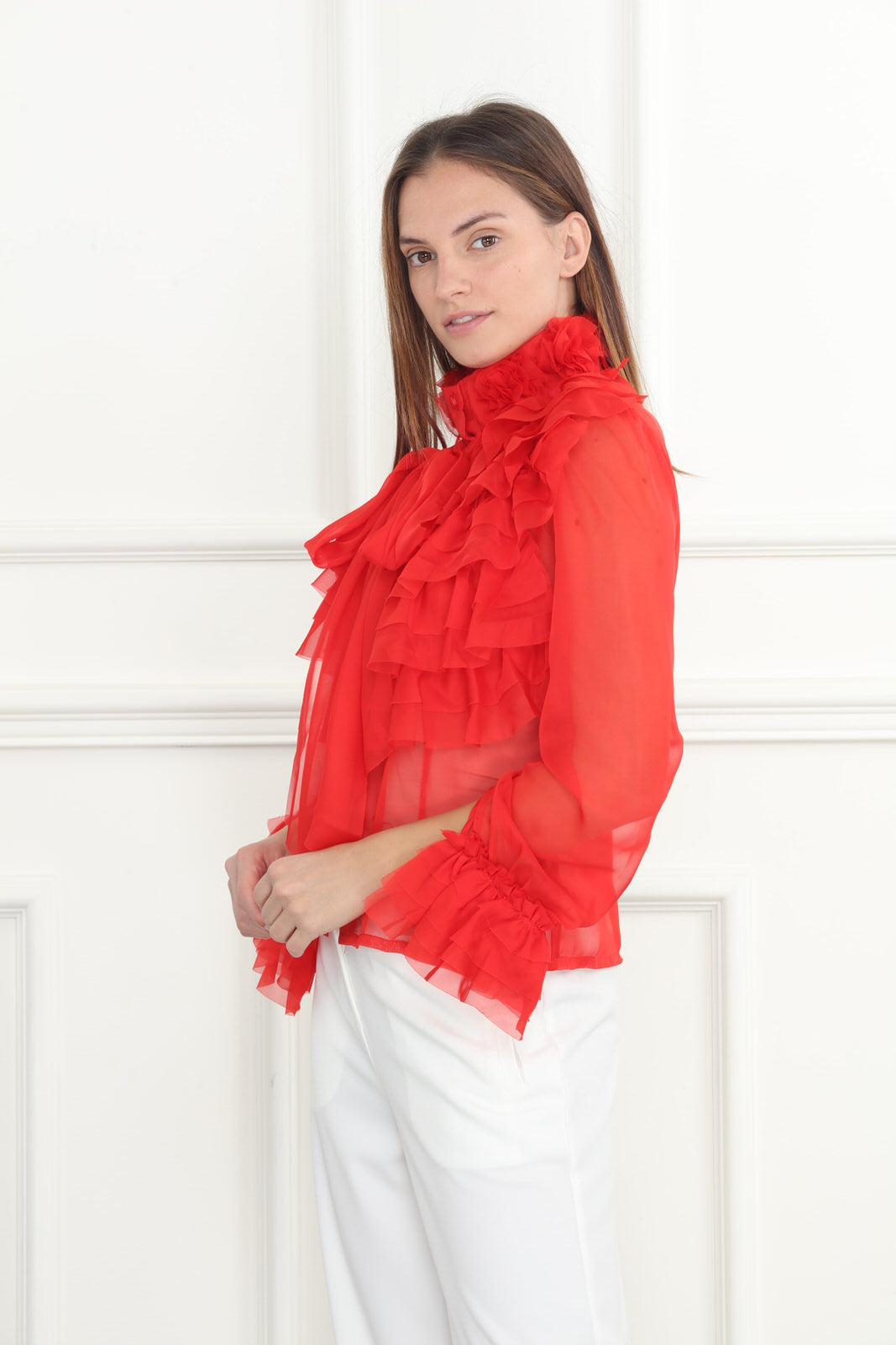 3D Chiffon Flower Tie Blouse