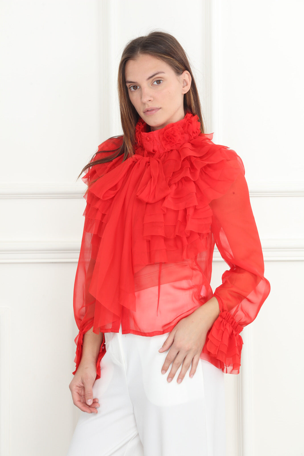 3D Chiffon Flower Tie Blouse