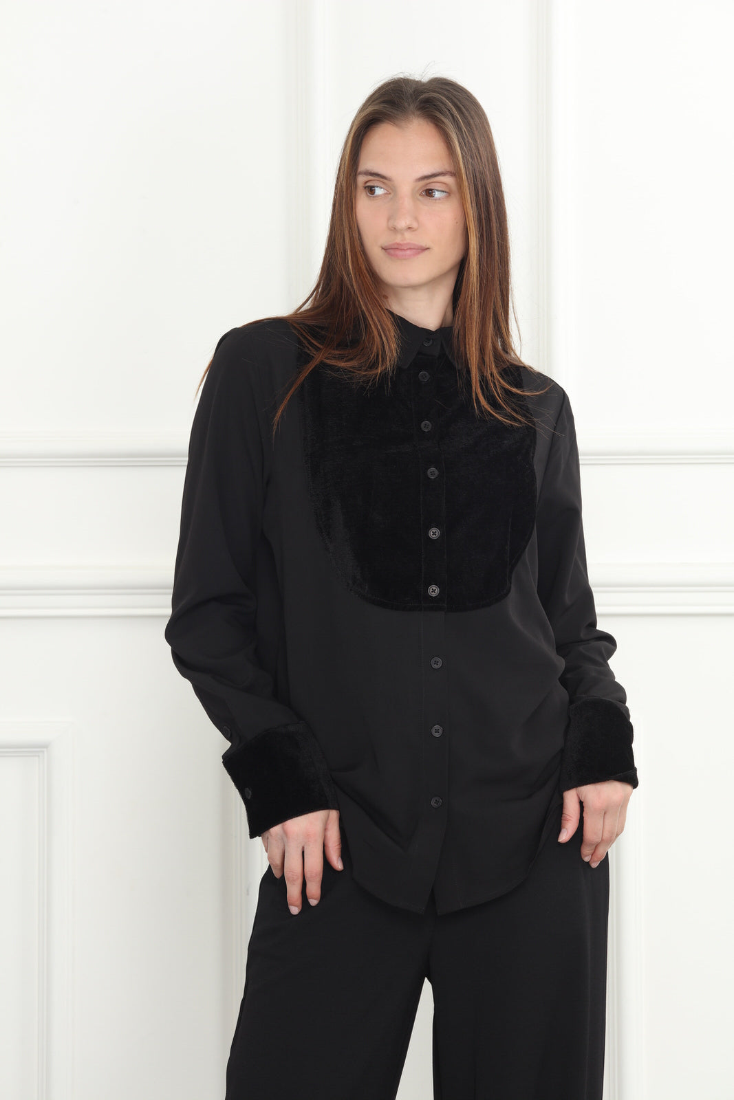 Black Velour Chiffon Tuxedo Shirt