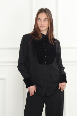 Black Velour Chiffon Tuxedo Shirt