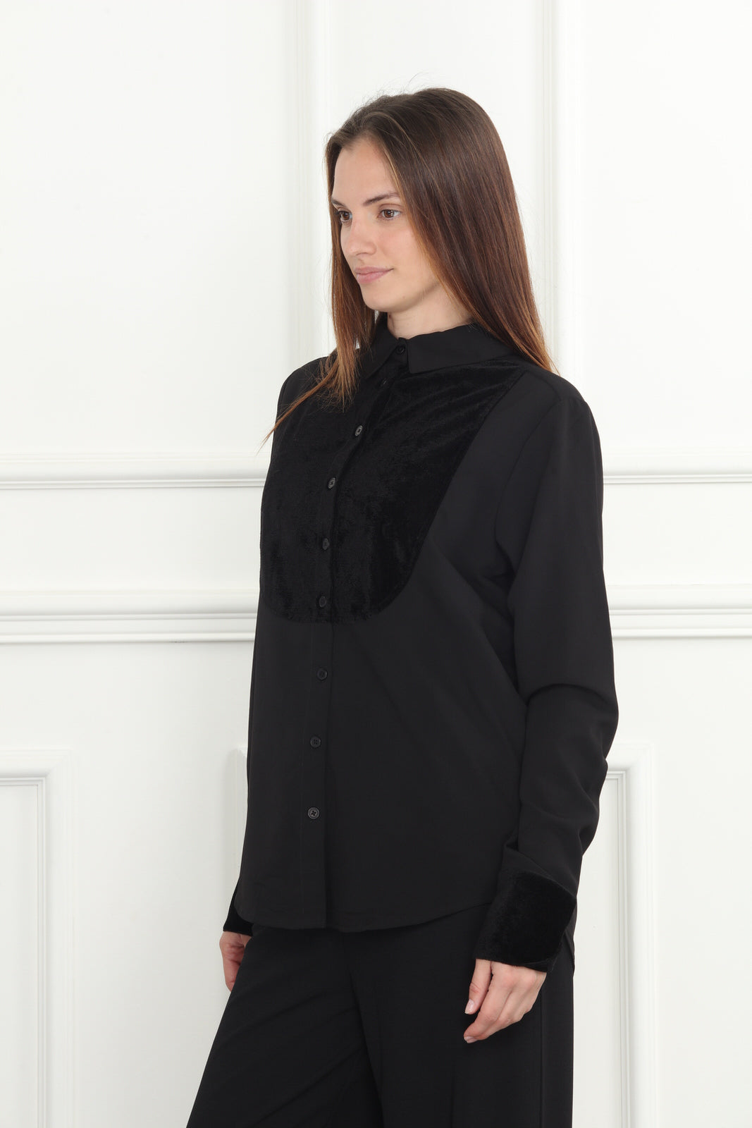 Black Velour Chiffon Tuxedo Shirt