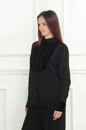 Black Velour Chiffon Tuxedo Shirt