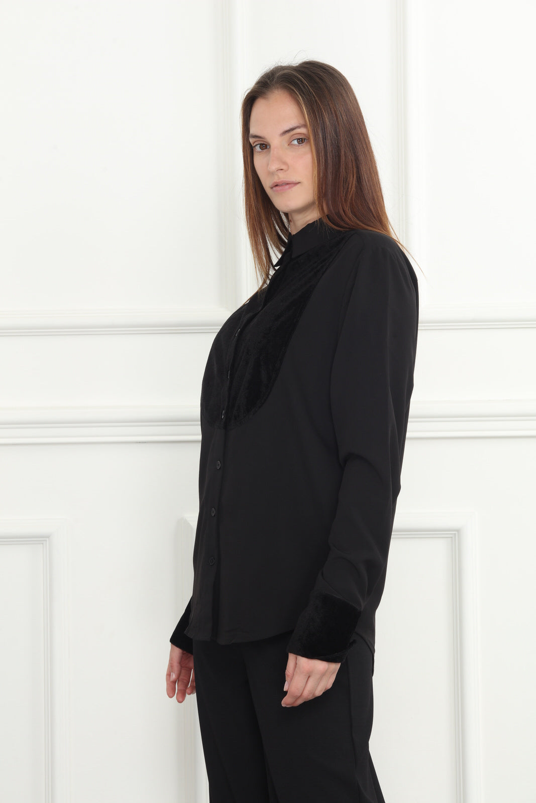 Black Velour Chiffon Tuxedo Shirt