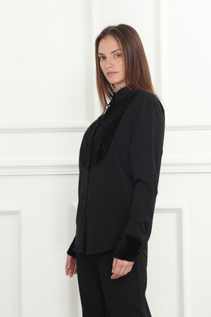 Black Velour Chiffon Tuxedo Shirt