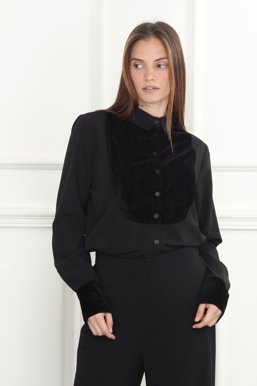 Black Velour Chiffon Tuxedo Shirt
