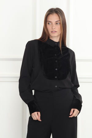 Black Velour Chiffon Tuxedo Shirt