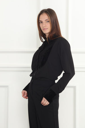 Black Velour Chiffon Tuxedo Shirt