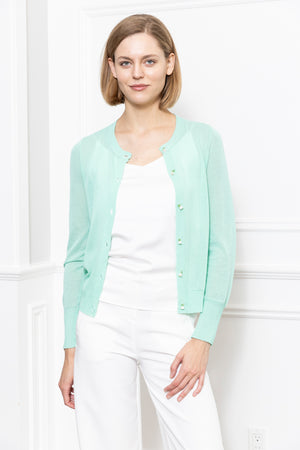 Crew Neck Cardigan Flower Button