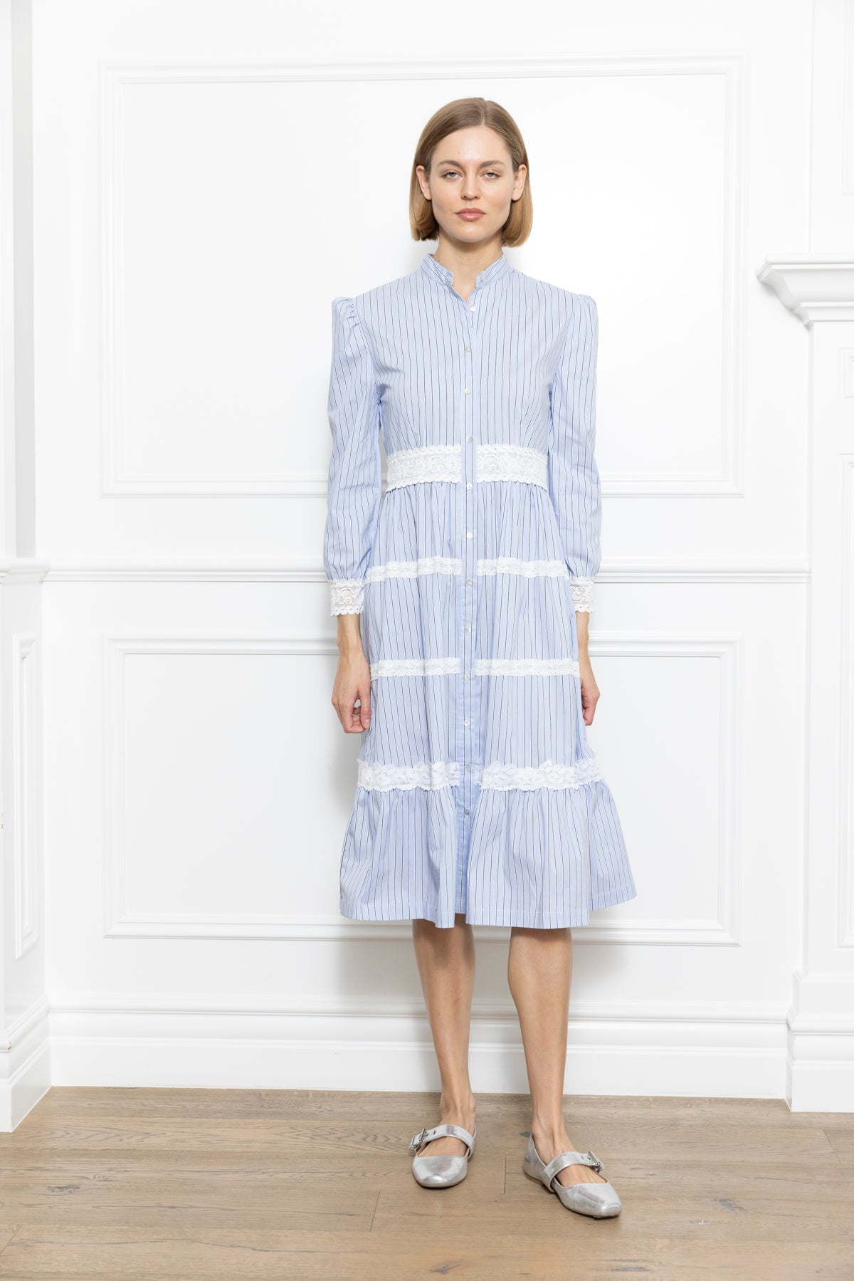 Lace Trim Long Sleeve Shirt Dress