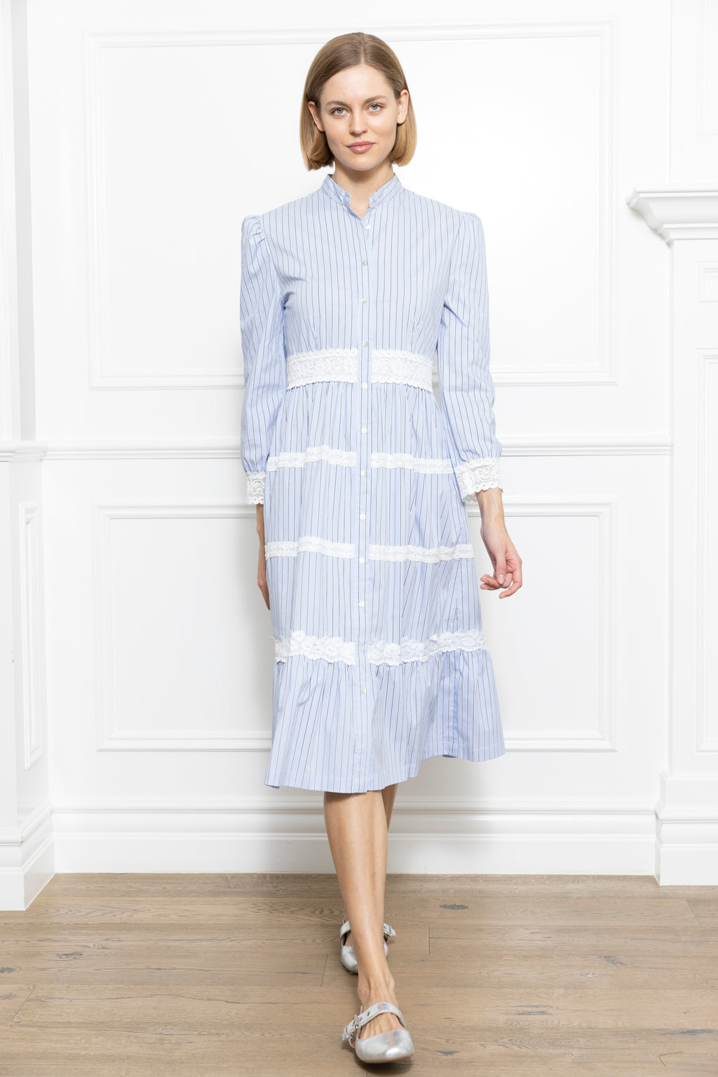 Lace Trim Long Sleeve Shirt Dress