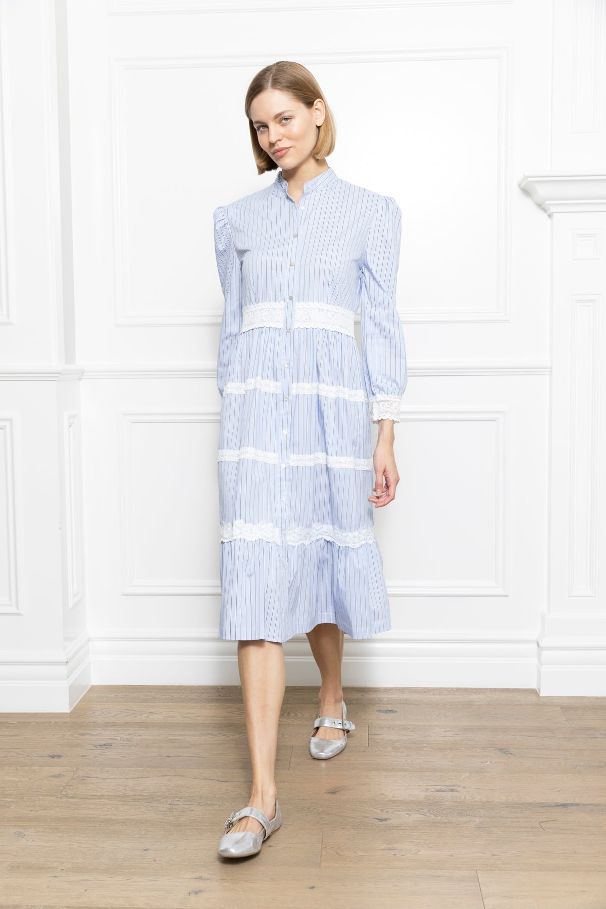 Lace Trim Long Sleeve Shirt Dress