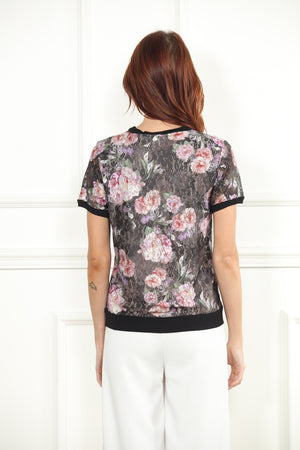 Black Rose Print Floral Lace Tee