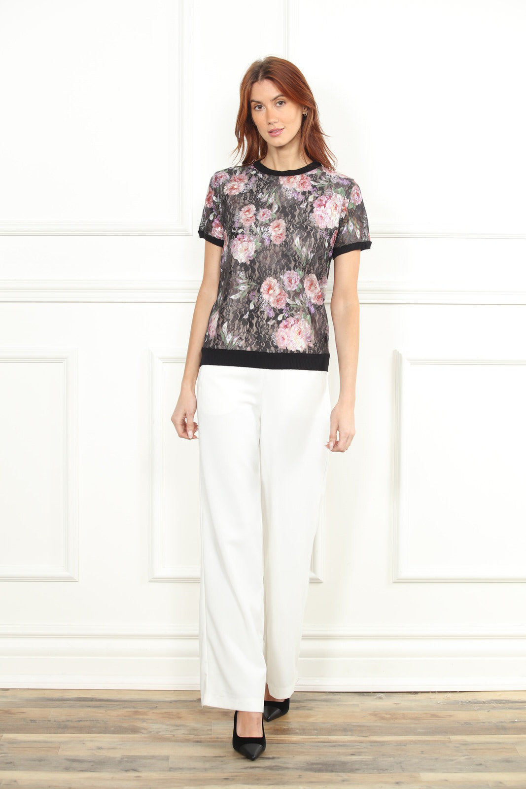 Black Rose Print Floral Lace Tee