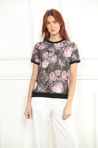 Black Rose Print Floral Lace Tee