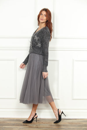 Metallic Grey Cardigan Sweater with 3D Butterflies