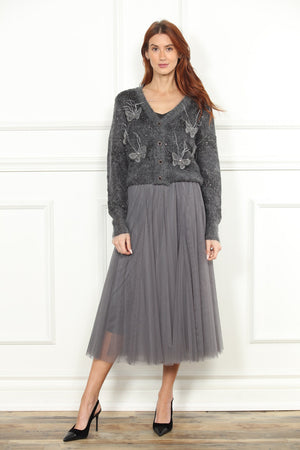 Metallic Grey Cardigan Sweater with 3D Butterflies