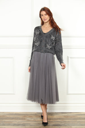 Metallic Grey Cardigan Sweater with 3D Butterflies