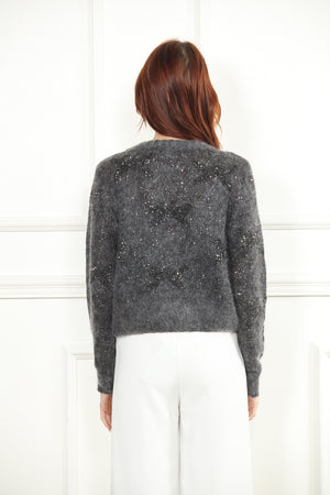 Metallic Grey Cardigan Sweater with 3D Butterflies