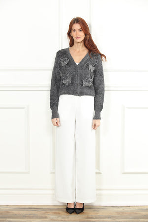 Metallic Grey Cardigan Sweater with 3D Butterflies