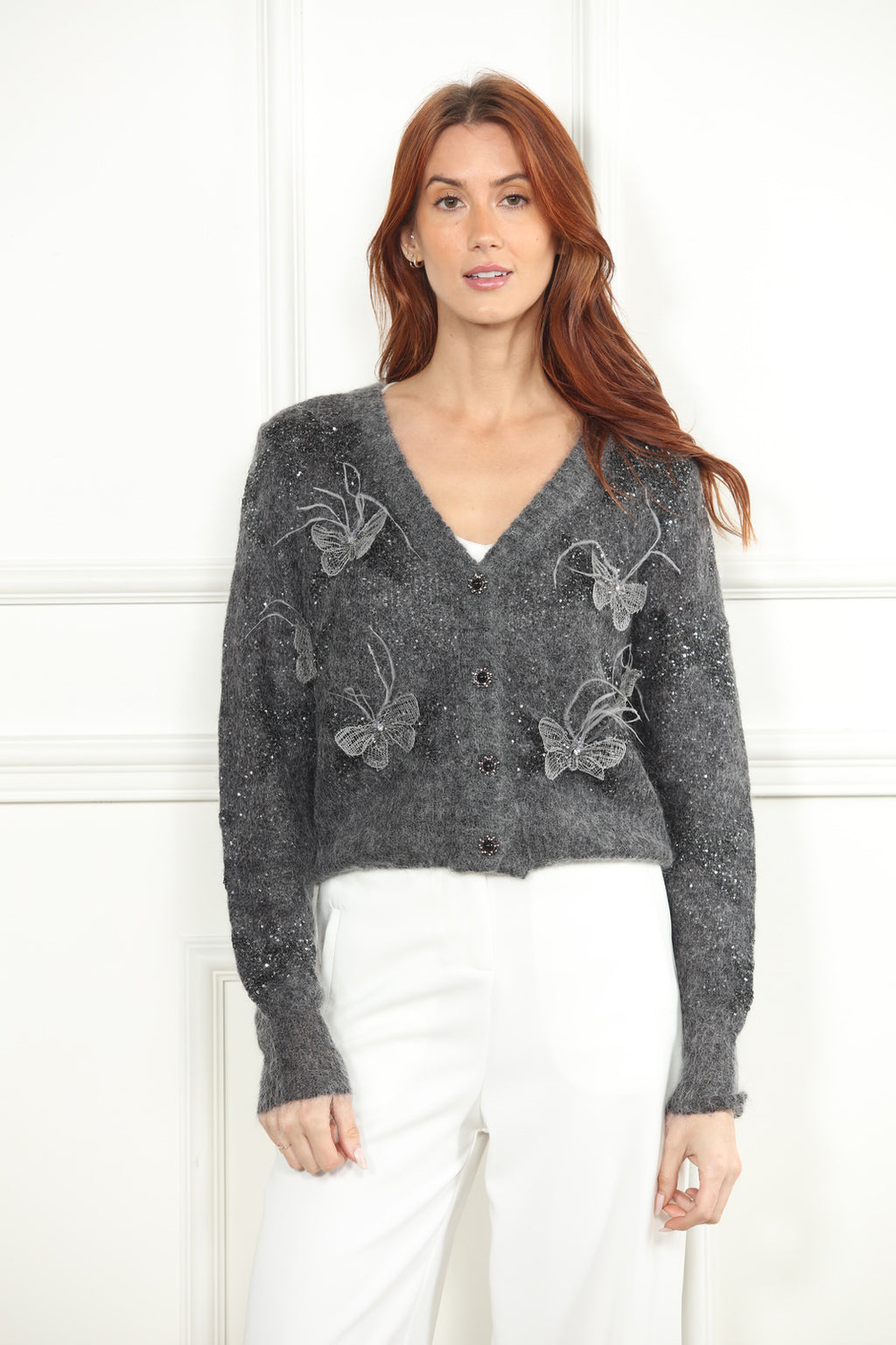 Metallic Grey Cardigan Sweater with 3D Butterflies