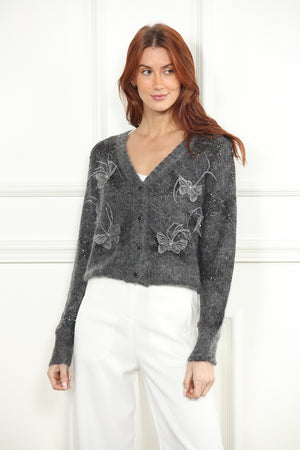 Metallic Grey Cardigan Sweater with 3D Butterflies