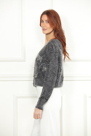 Metallic Grey Cardigan Sweater with 3D Butterflies