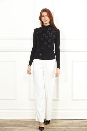 3D Flower Mock Neck Sweater in Black