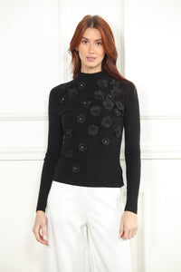 3D Flower Mock Neck Sweater in Black