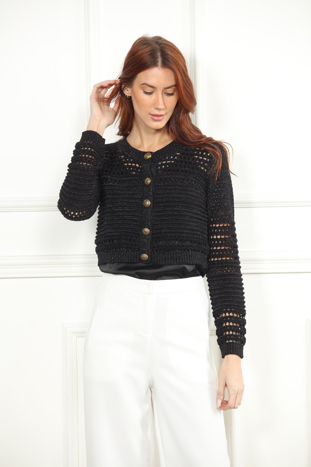 Gold Button Lurex Crop Cardigan