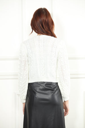 Cable Knit Pom Pom Satin Tie Cardigan