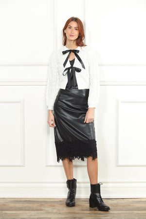 Cable Knit Pom Pom Satin Tie Cardigan