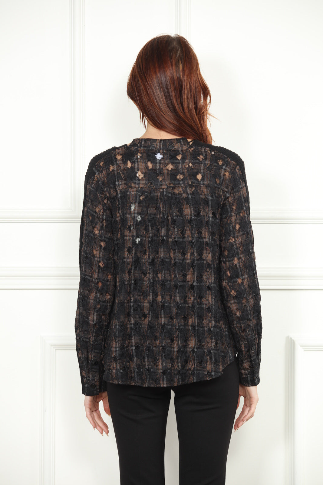 Lace Plaid Cardigan in Black with Flower Detail