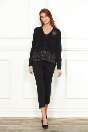Lace Plaid Cardigan in Black with Flower Detail