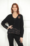 Lace Plaid Cardigan in Black with Flower Detail