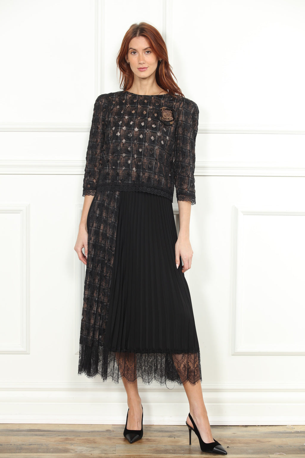 Plaid and Lace Top in Black with Flower Detail