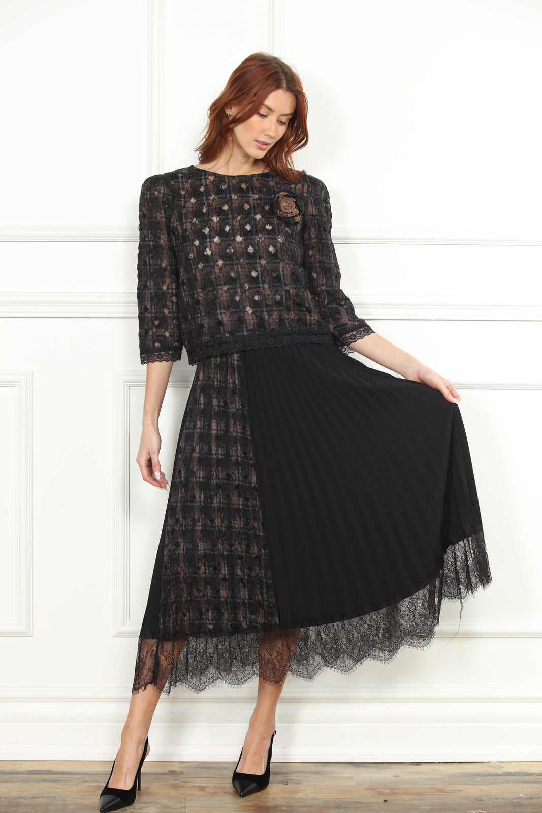 Plaid and Lace Top in Black with Flower Detail