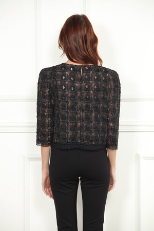 Plaid and Lace Top in Black with Flower Detail