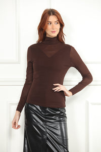 Mesh Turtleneck Pullover in Brown