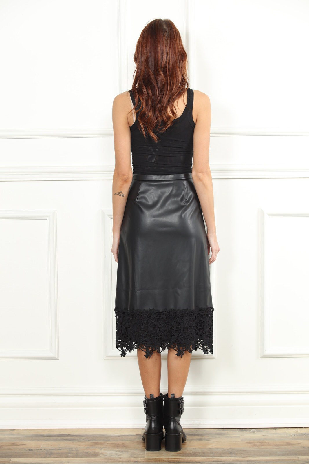 Faux Leather Lace Trim Skirt
