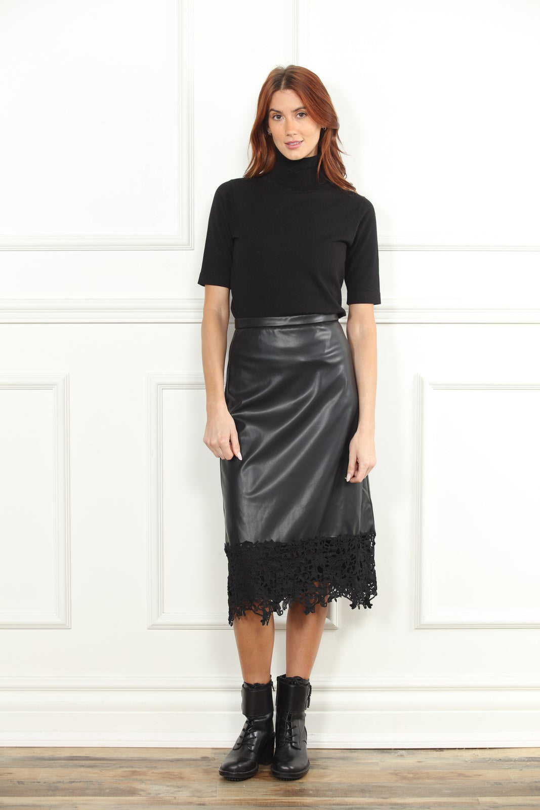 Faux Leather Lace Trim Skirt