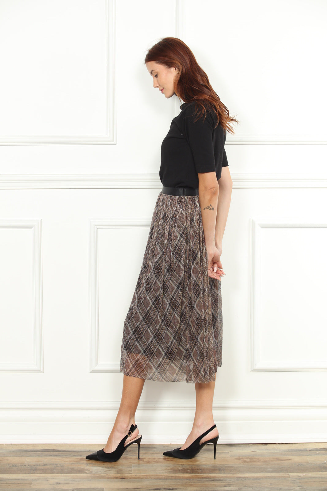 Lurex Plaid Pleated Skirt
