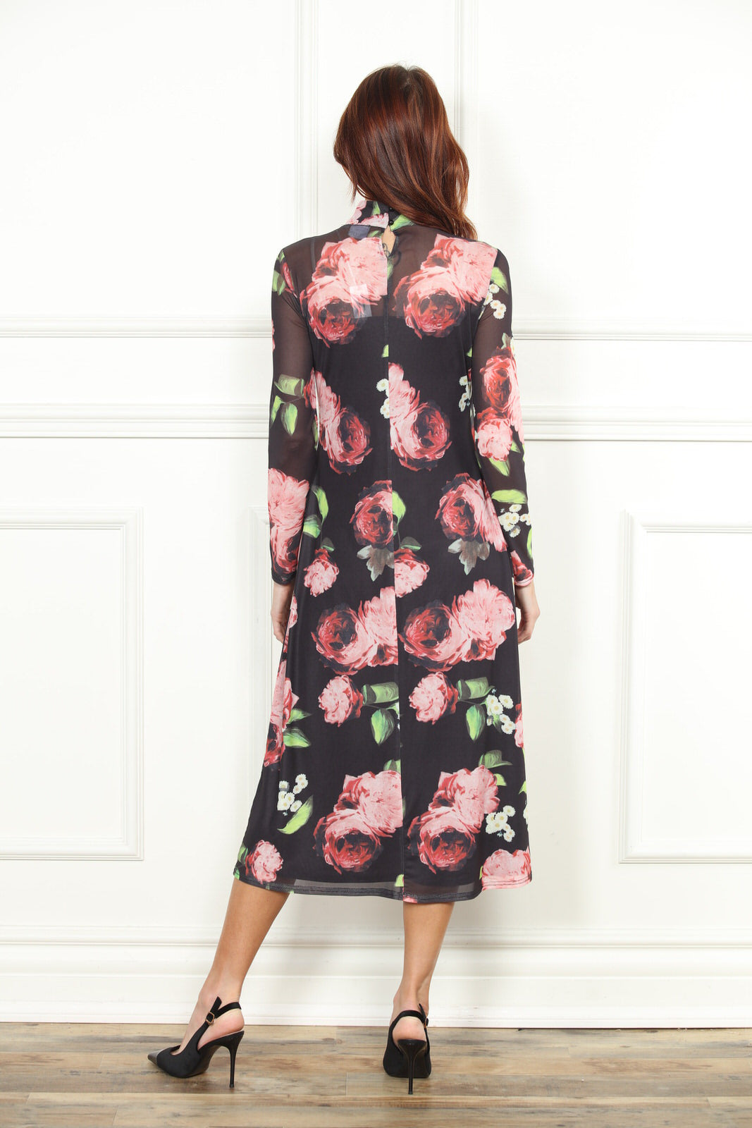 Black Rose Print Mesh Dress