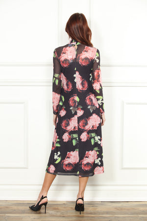 Black Rose Print Mesh Dress