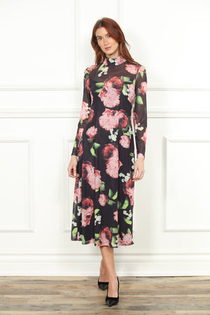 Black Rose Print Mesh Dress