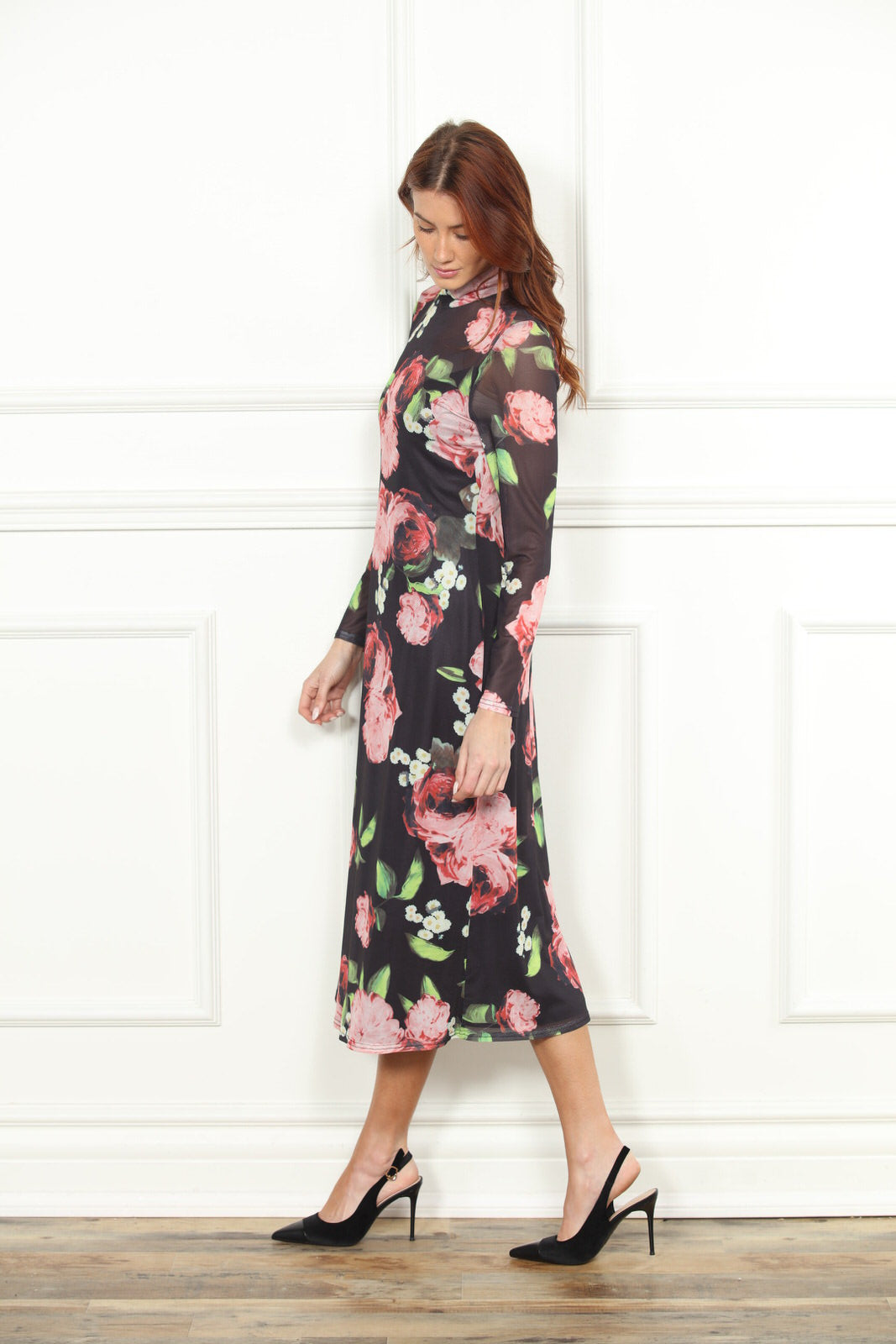 Black Rose Print Mesh Dress