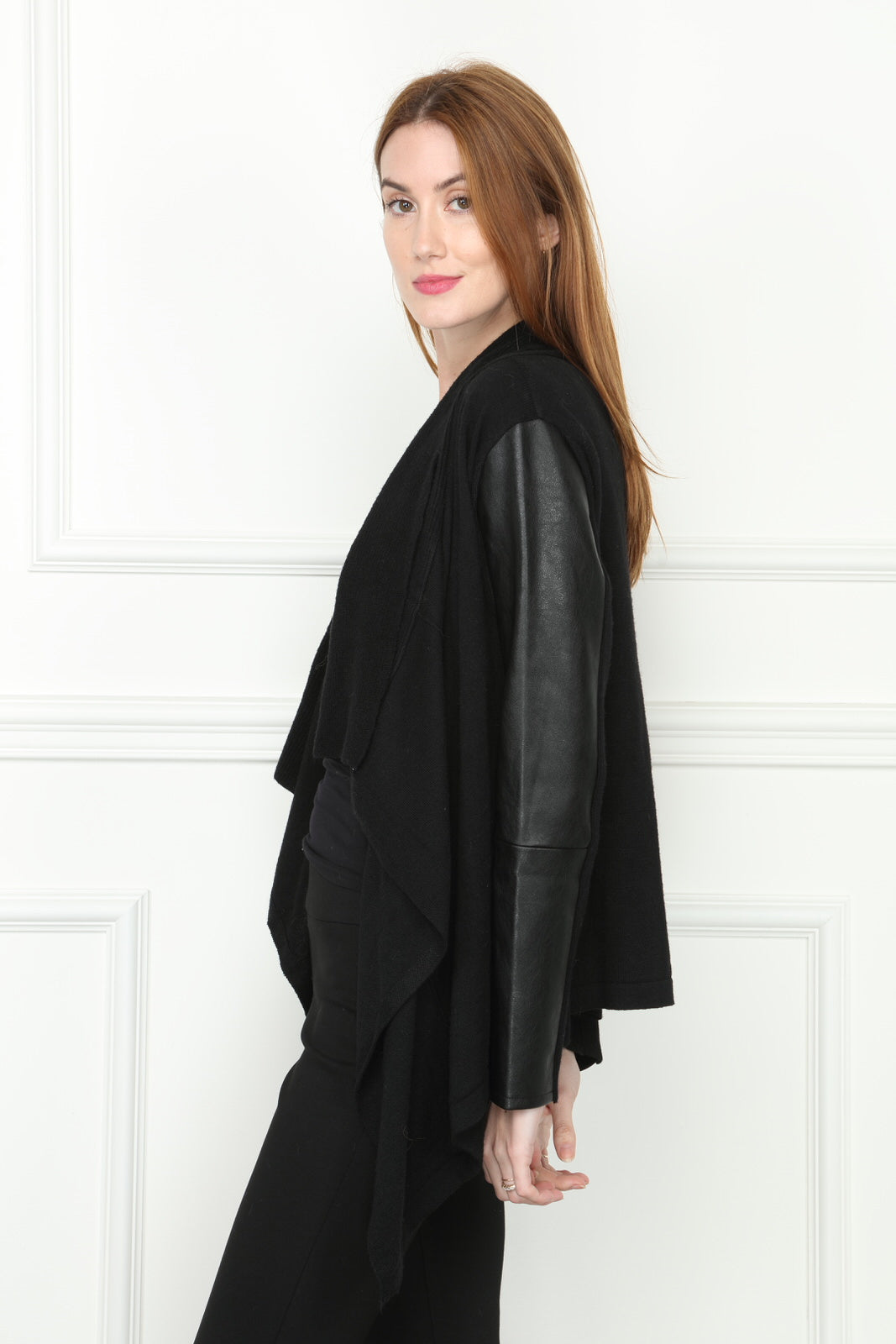 Faux Leather Sleeve Cardigan by Zero Degrees Celsius