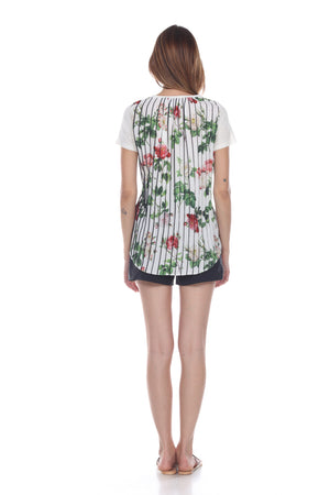 Floral Print Back Pleated Linen T-Shirt